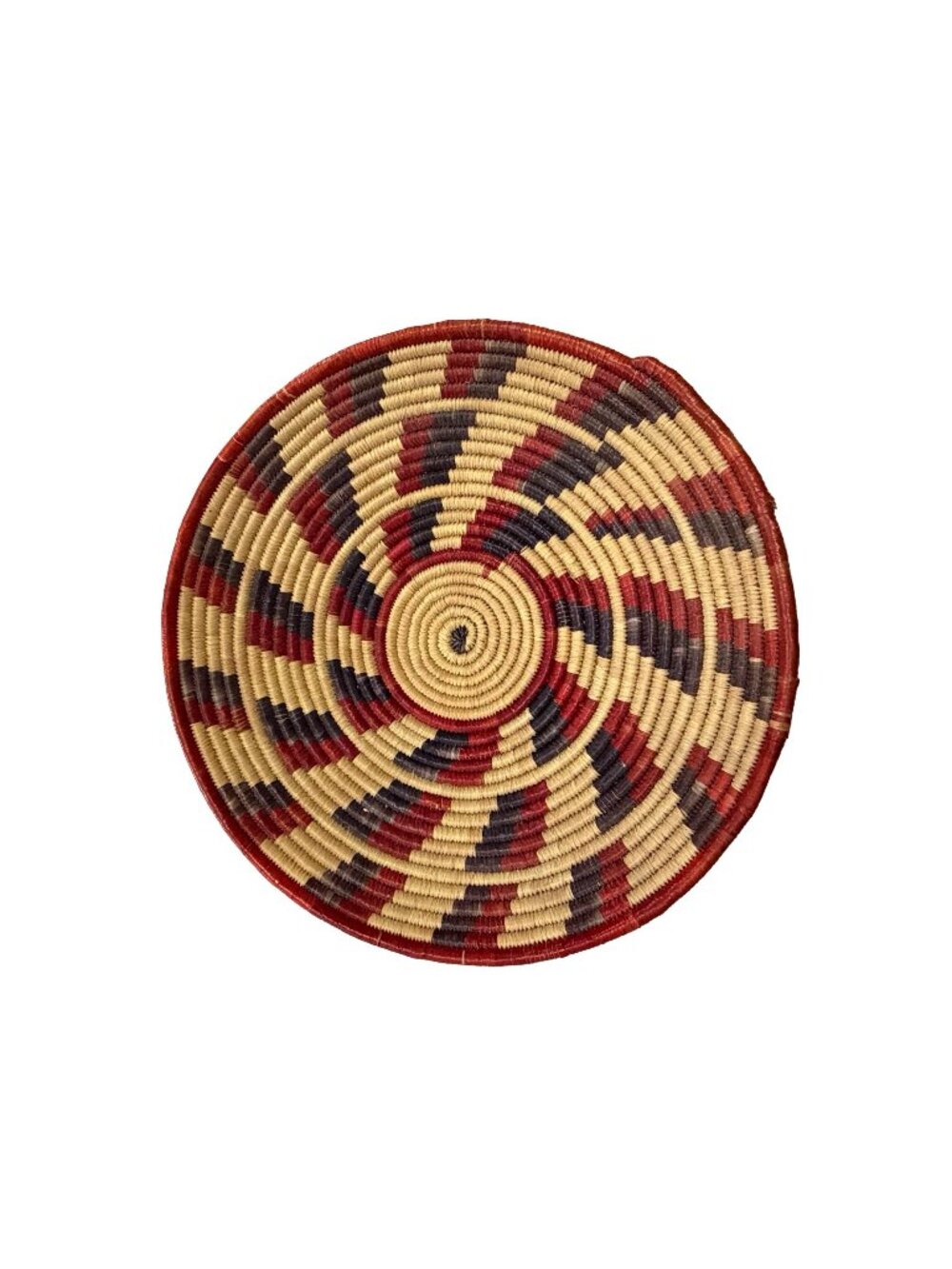 Vintage Handwoven Coil Basket Bowl Red Black Natural Geometric Pattern 14”